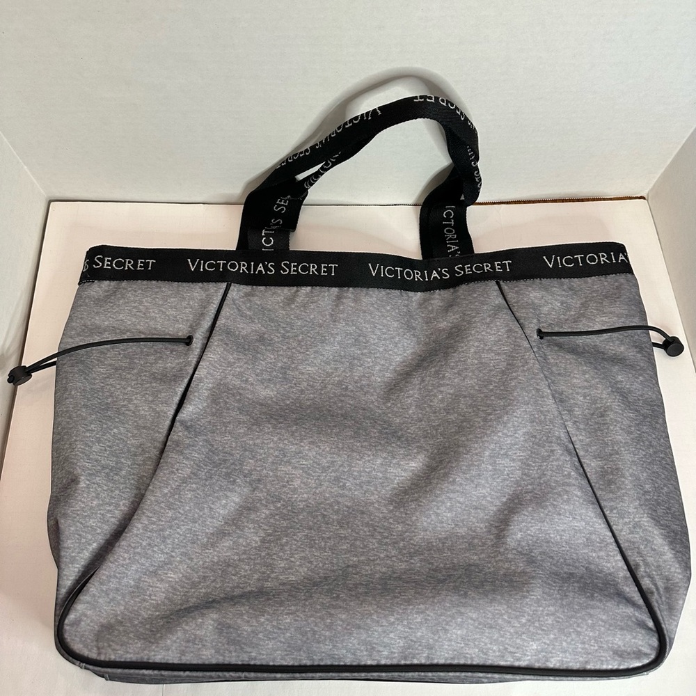 Victoria Secret Grey Cinch Sides Tote Yoga Zip Top Gym Bag Logo Double Strap
